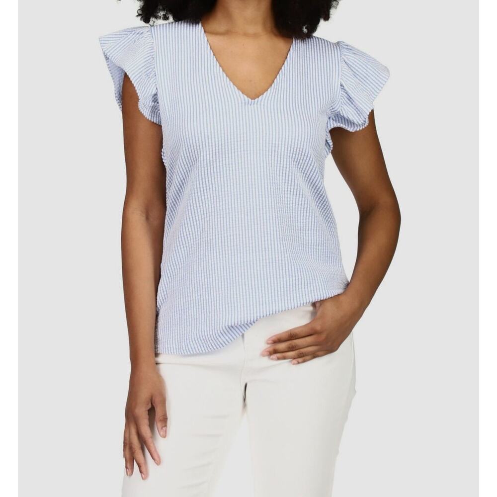Michael Kors Seersucker Flutter Sleeve Top Size M Blue White Stripe